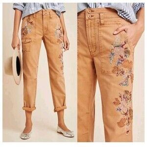 Anthropologie The Wonderer Pants 27 Tan Floral Embroidery Hippie